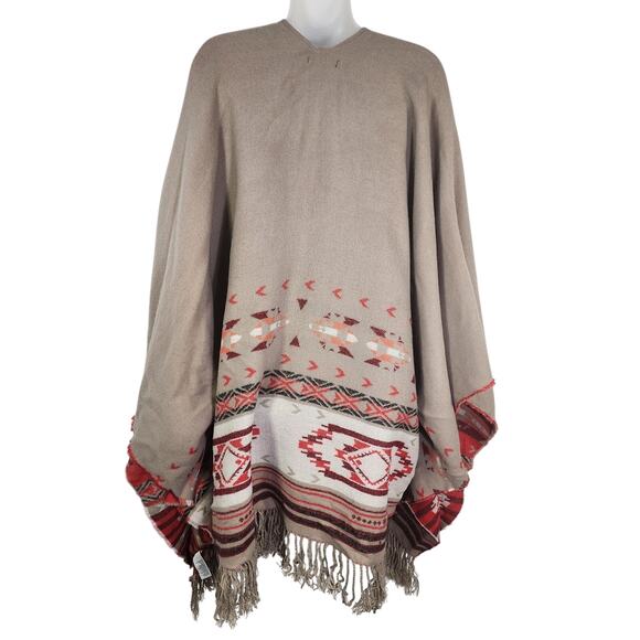 American Eagle Poncho Sweater One Size Aztec Western Open Front Fringe Kimono - Picture 2 of 13